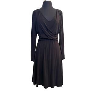 Garnet Hill Surplice Faux Wrap Long Sleeve Black Knit Midi Party Dress Sz S